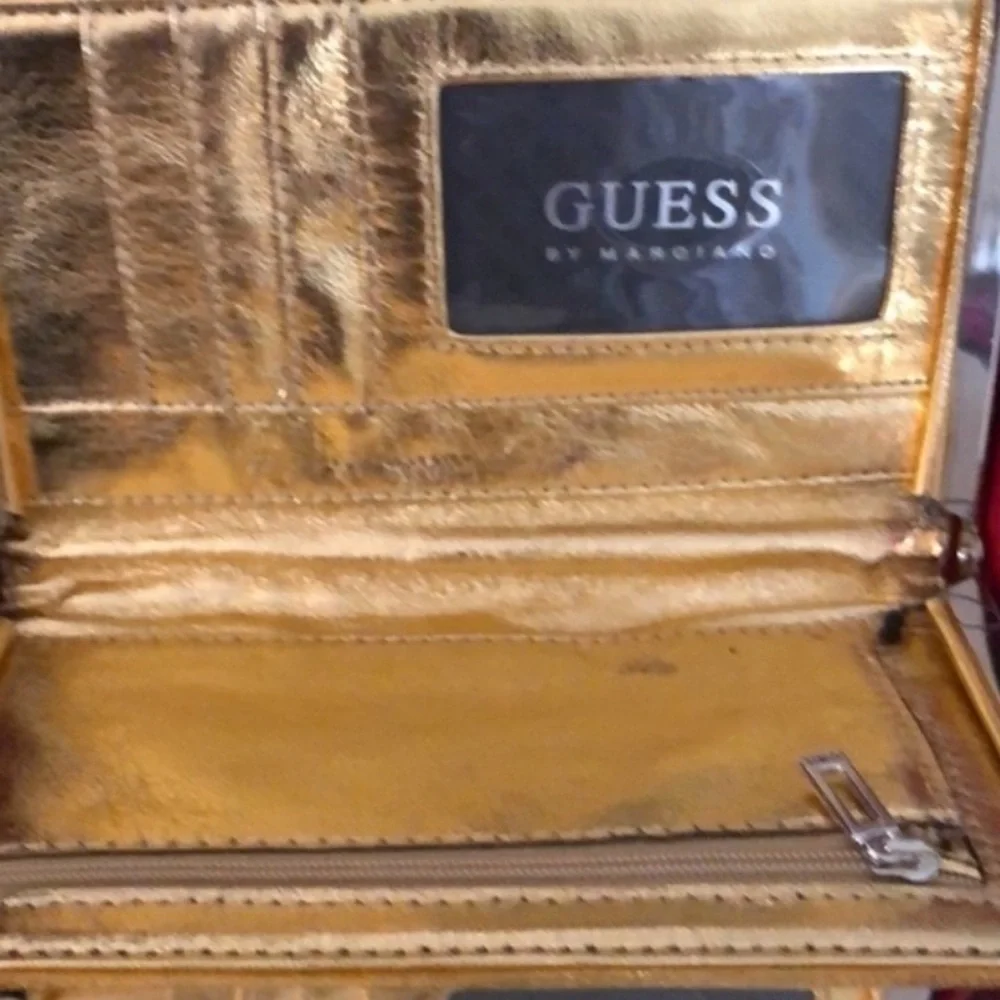 Guess gold metallic & animal print walllet clutch Rhinestone detail NIB